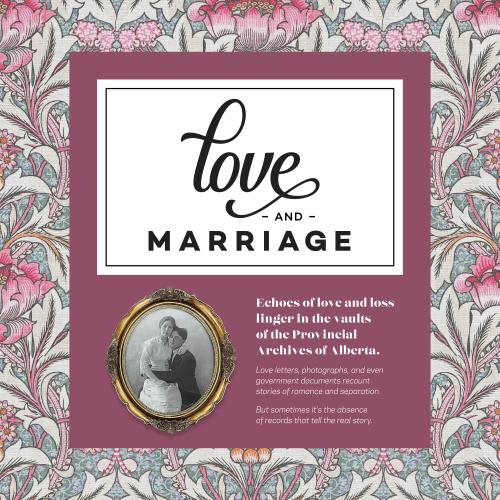 Love and Marriage exhibit advertisement - old style print with black & white photo of married couple