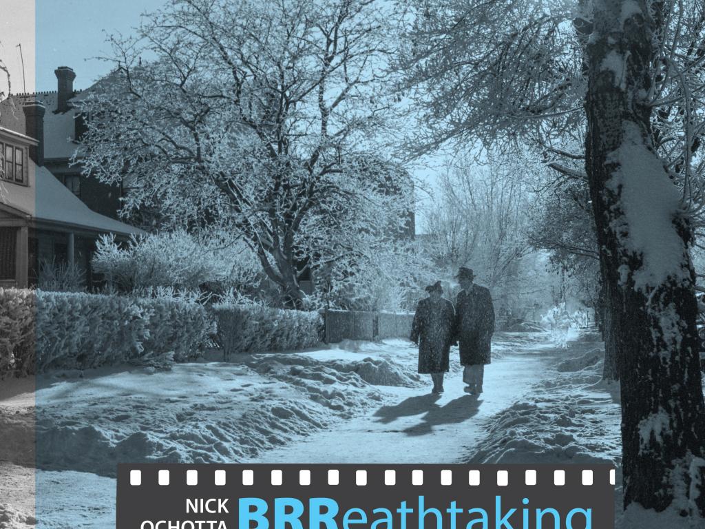 Brreathtaking images of a Winter City exhibit poster - A man and woman walking down a snowy street.