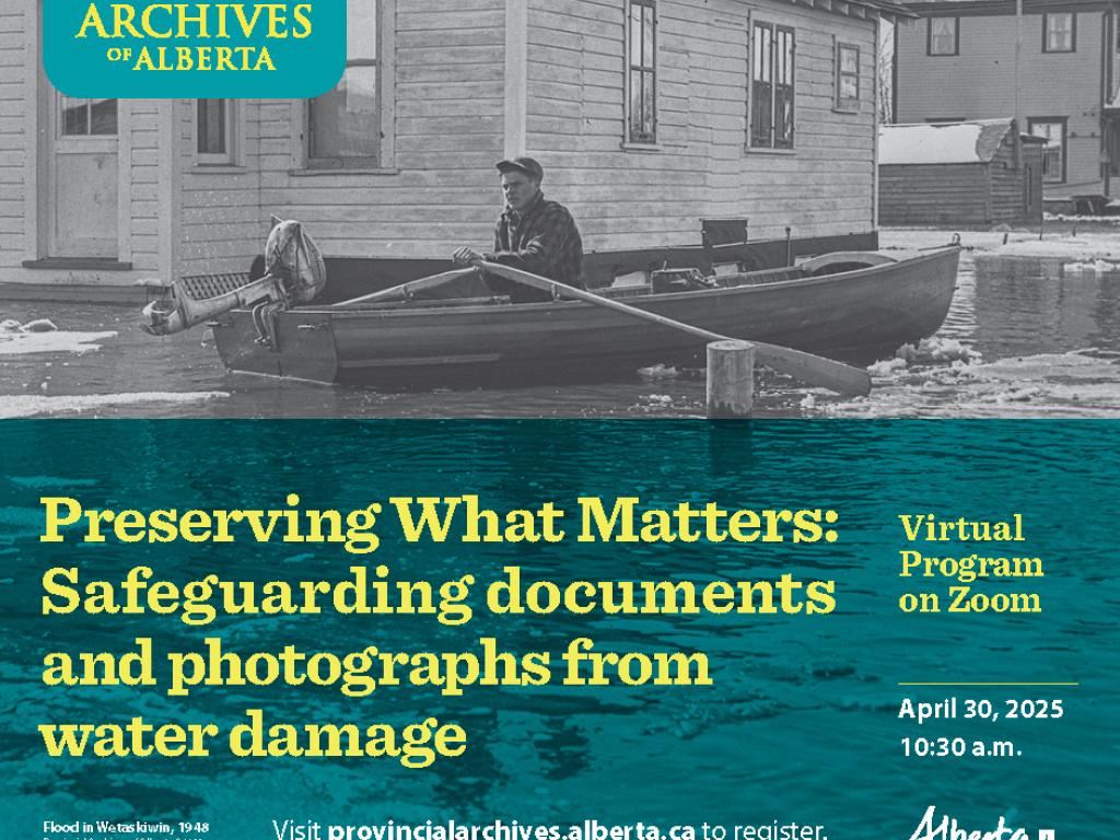 Ad for "Preserving What Matters: safeguarding documents and photographs from water damage." presentation.  Image of man on a boat during a flood.  PAA#A6600