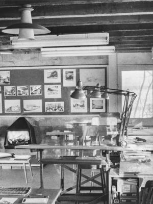 Wallbridge & Imrie - Home office at Six Acres - Drafting Room. Walls not finished, 1959 PAA# PR1988.0290-777