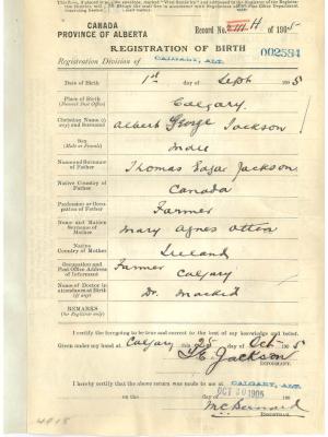 Screenshot of birth registration of Albert Jackson from 1905
